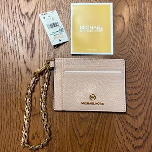 NWT MSRP$128 MICHAEL KORS Small Pebbled Leather Chain ID Card Holder Pink Gold